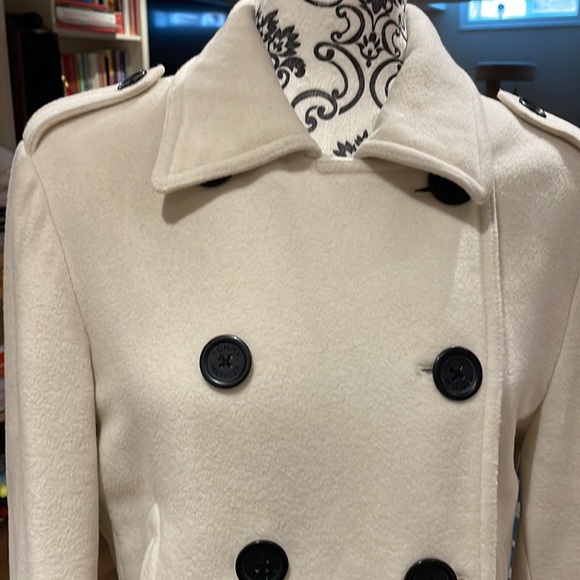 Tommy Hilfiger cream colored pea coat with black buttons. - Picture 2 of 8